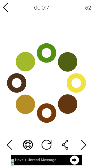 The original colori puzzle on a phone screen: eight brown, green and yellow circles arranged in a ring