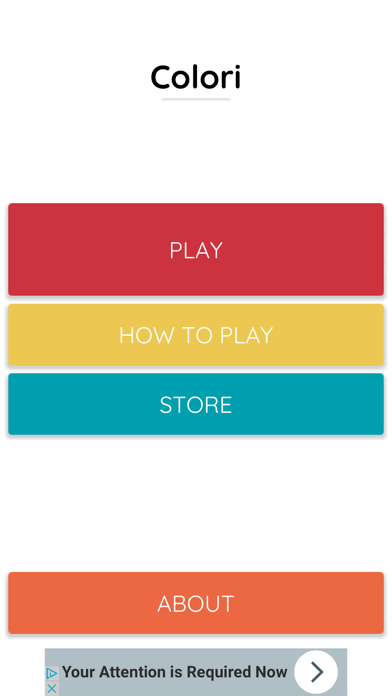 The original colori main menu on a phone screen: large red, yellow, teal and orange buttons reading Play, How to Play, Store and About