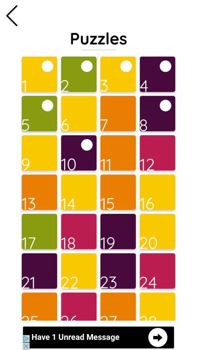 The original colori puzzle list on a phone screen: a numbered grid of yellow, green, orange and purple tiles, some with white dots marking progress
