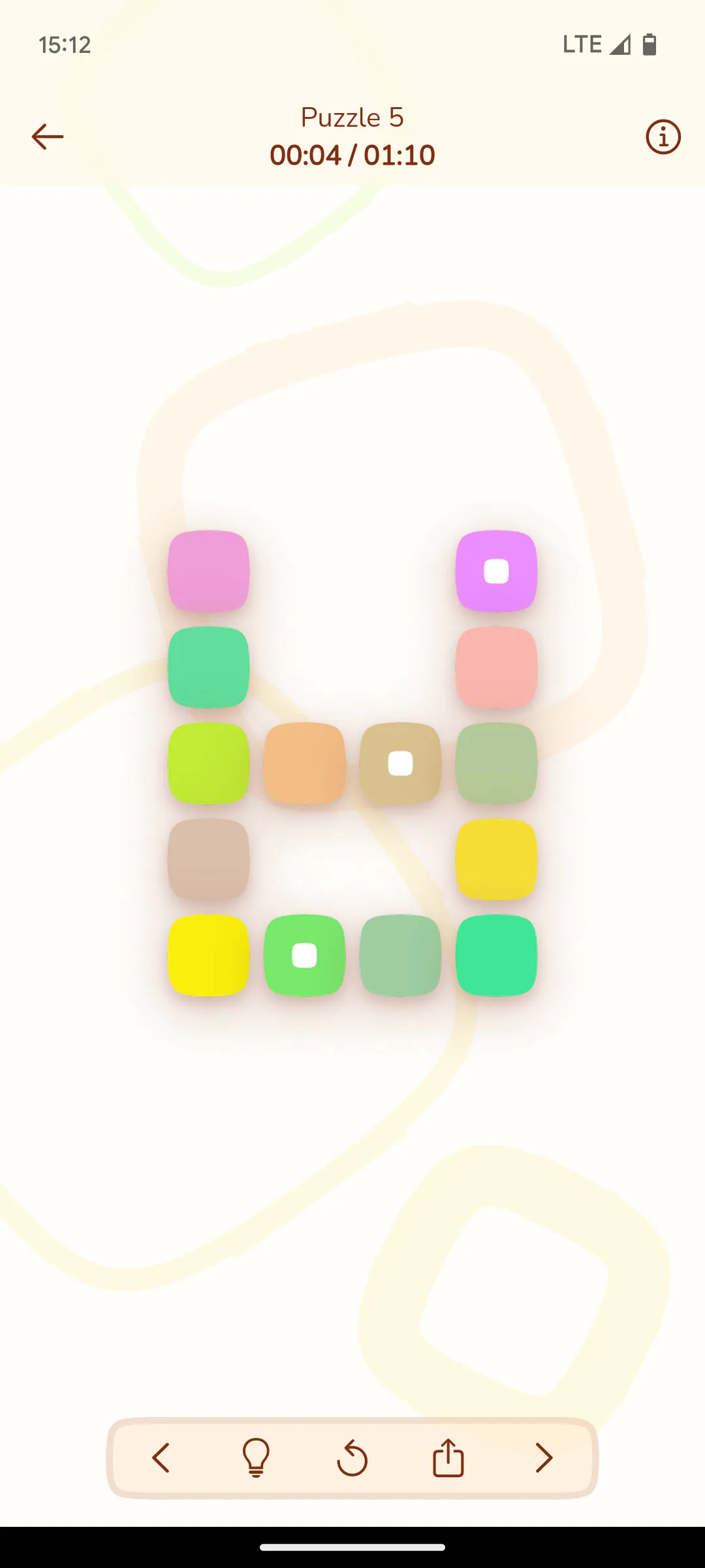 Iro-Iro 1.0.0 puzzle on a phone screen: pastel rounded tiles with timer above and a control bar with hint and restart buttons below