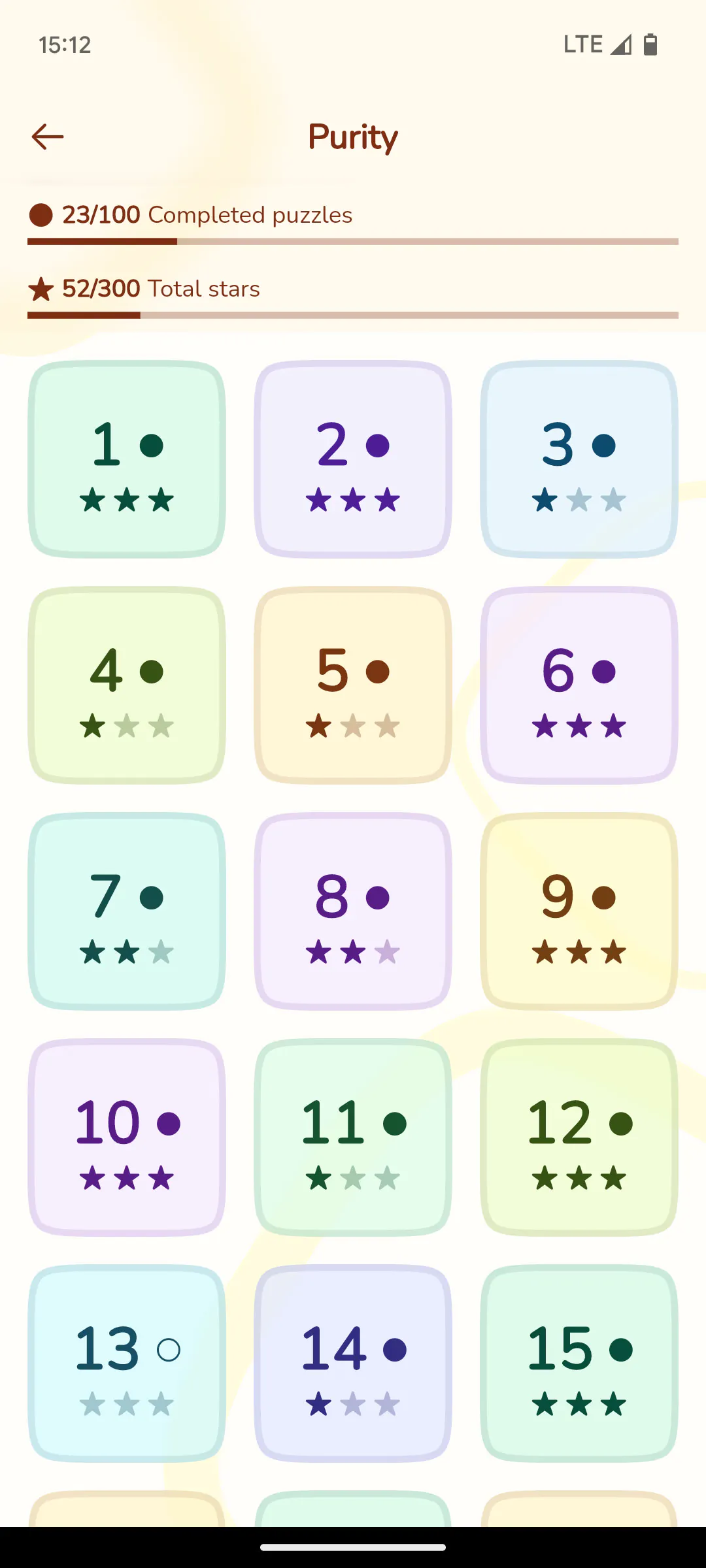 Iro-Iro 1.0.0 puzzle pack screen on a phone screen: a grid of numbered puzzles with star ratings, progress bars for completed puzzles and total stars