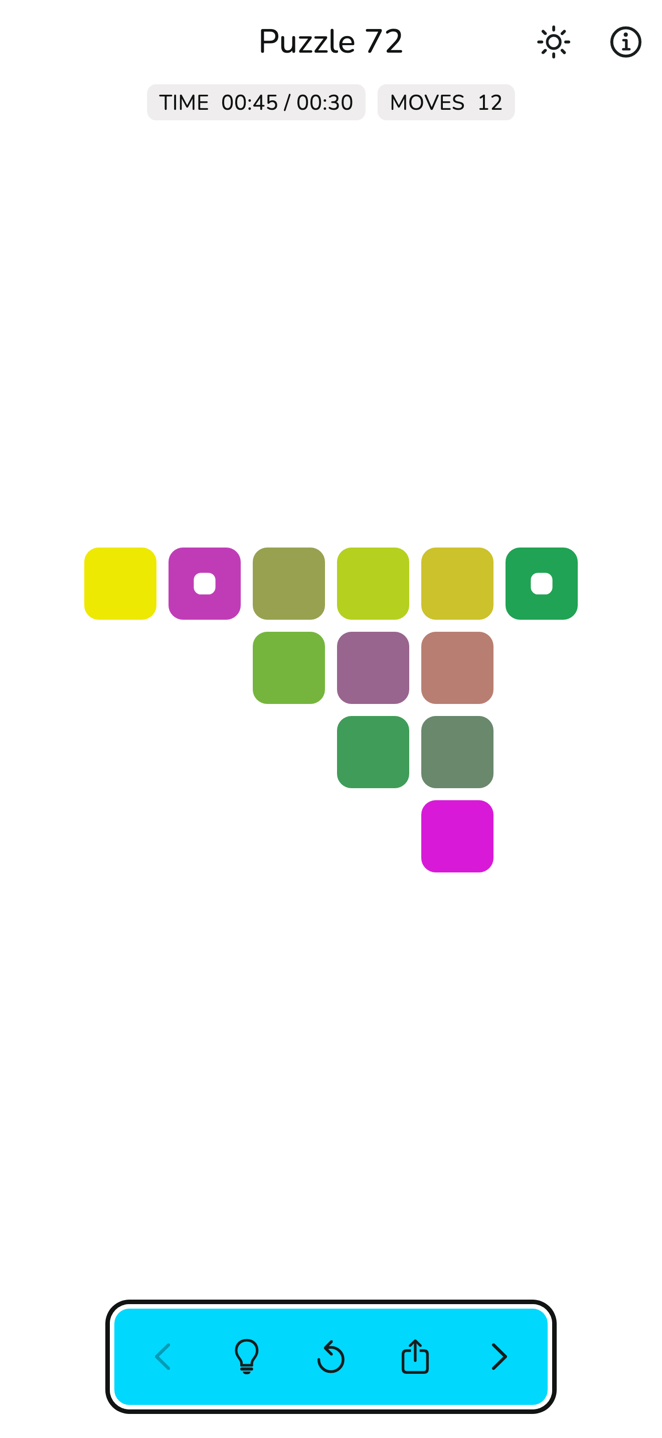 Iro-Iro Puzzle 72 on a phone screen: flat rounded tiles with time and move pills above and a blue control bar below