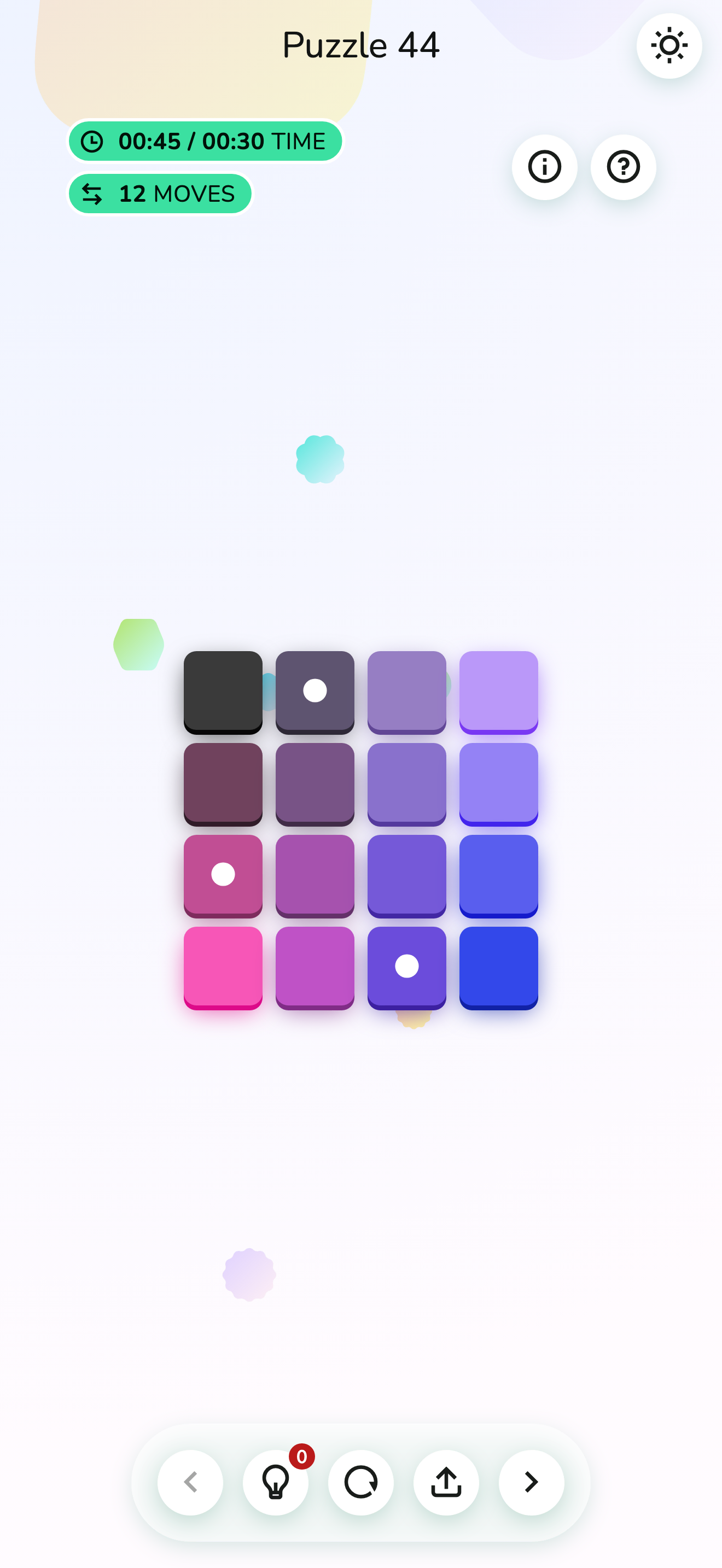 A current Iro-Iro puzzle on a phone screen: purple and blue rounded tiles in a compact four-by-four grid