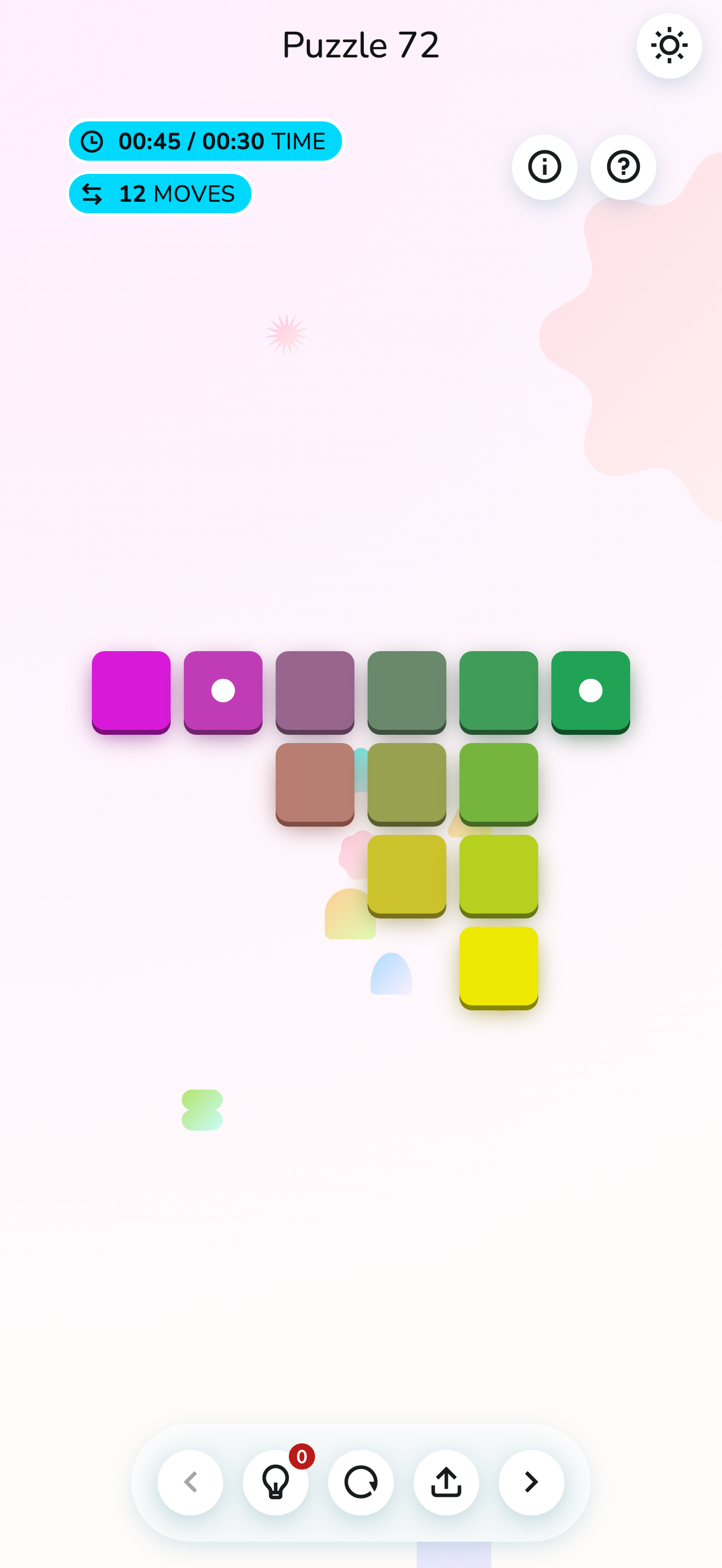 The same Iro-Iro puzzle solved on a phone screen: rounded tiles forming a smooth gradient from magenta through green to yellow
