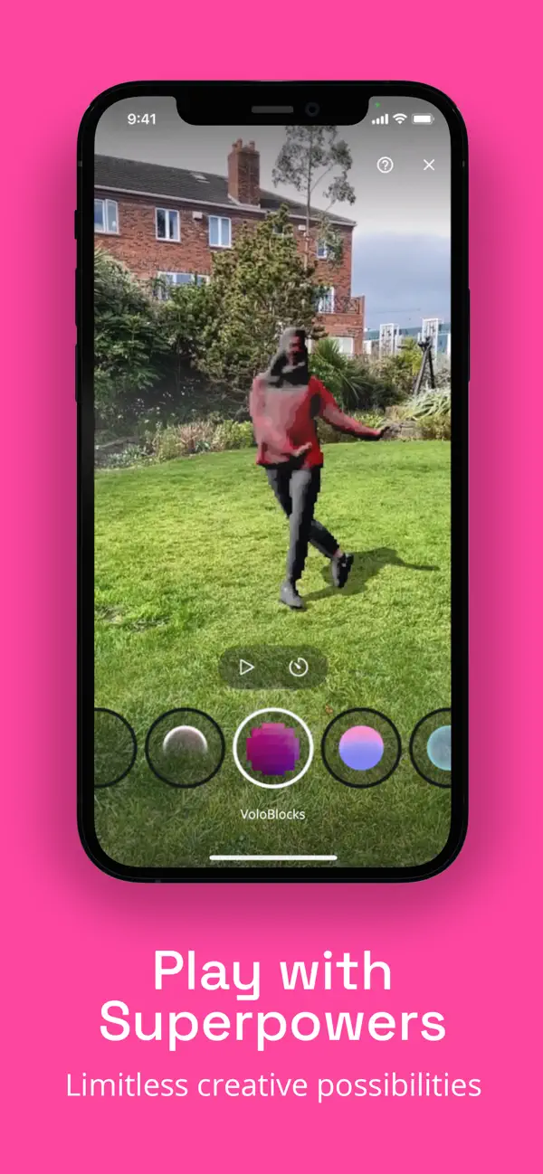 Volu AR experience on iPhone: a reconstructed 3D model of a person in red rendered on the grass of a garden, with circular Superpowers effect selectors at the bottom and the VoloBlocks effect highlighted