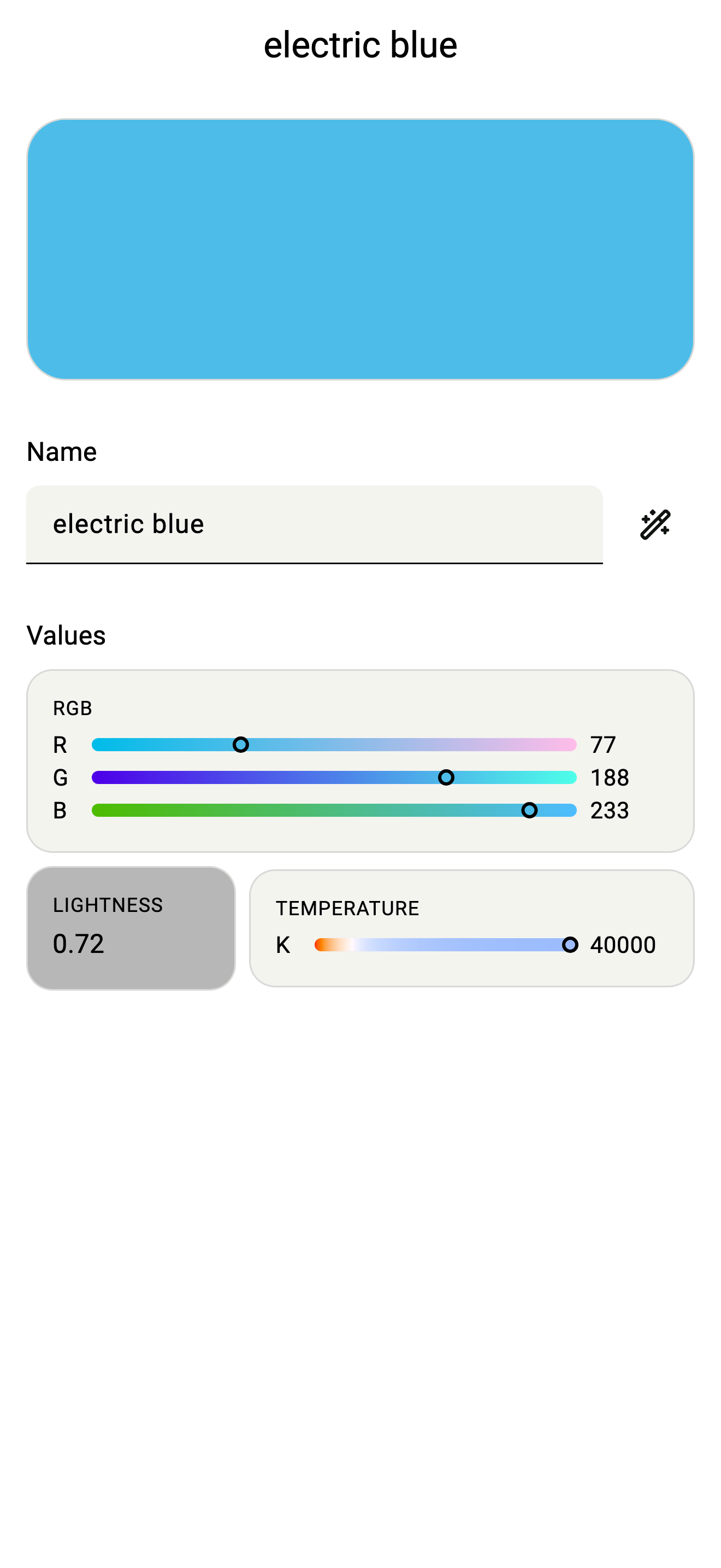 UPC colour detail screen showing a single colour with its values in different colour spaces