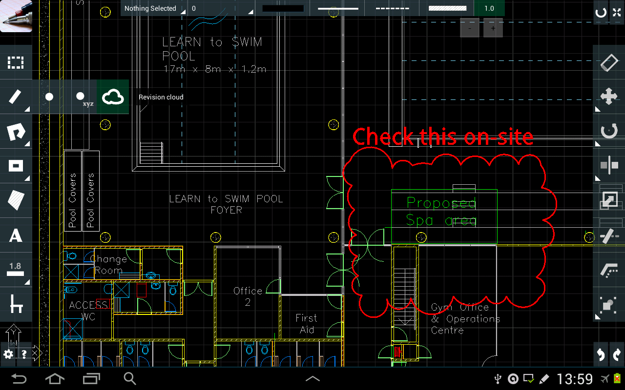 CAD Touch drawing view on Android in dark theme: a building floor plan with vertical toolbars on both sides, and a red revision cloud annotating a proposed spa area