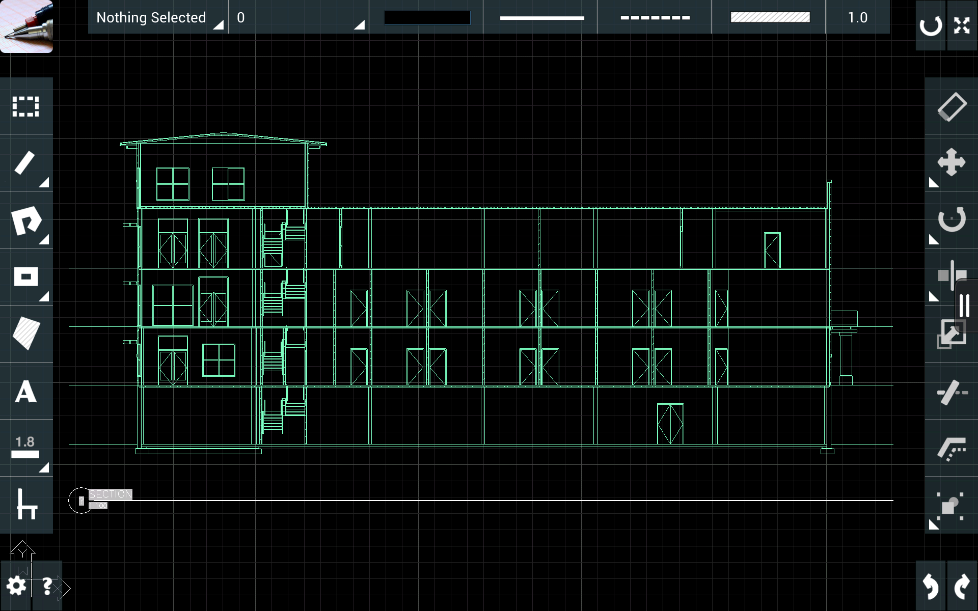 CAD Touch drawing view on Android showing a green building section drawing with multiple floors, stairs and windows on the dark canvas