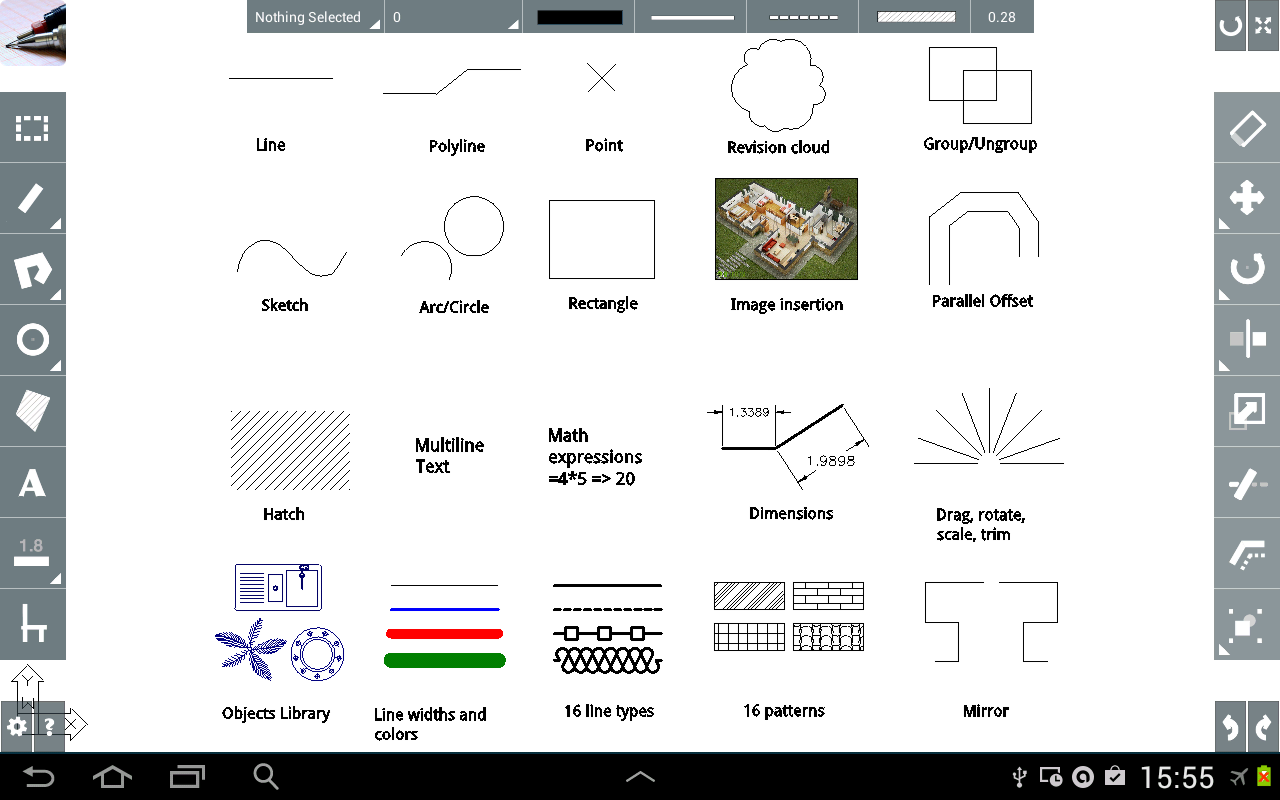 Grid of CAD Touch feature illustrations: Line, Polyline, Point, Revision cloud, Sketch, Arc/Circle, Rectangle, Hatch, Dimensions, Objects Library, line widths, line types, patterns and Mirror