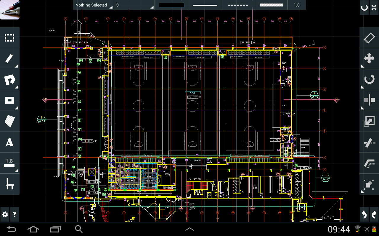 CAD Touch drawing view on Android showing a dense, multi-colour architectural floor plan of a sports hall, rendered on the dark canvas with toolbars on both sides