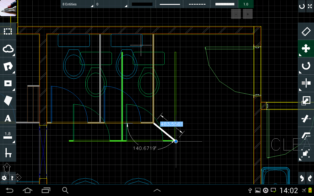 CAD Touch drawing view on Android showing a bathroom plan with toilets and sinks, while drawing a green line with a live length and angle readout