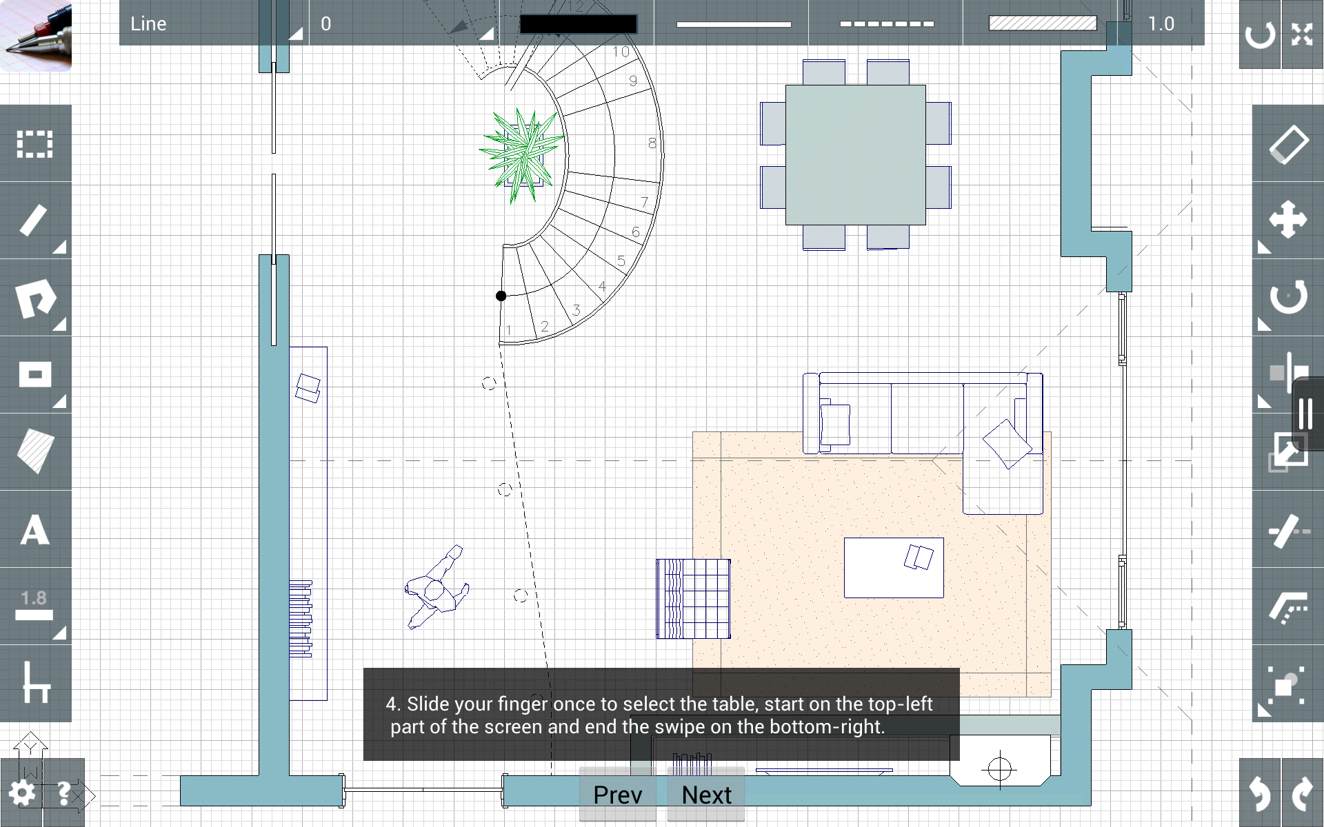CAD Touch drawing view on Android showing a furnished floor plan with a spiral staircase, with an interactive tutorial tooltip explaining how to select a table with a swipe