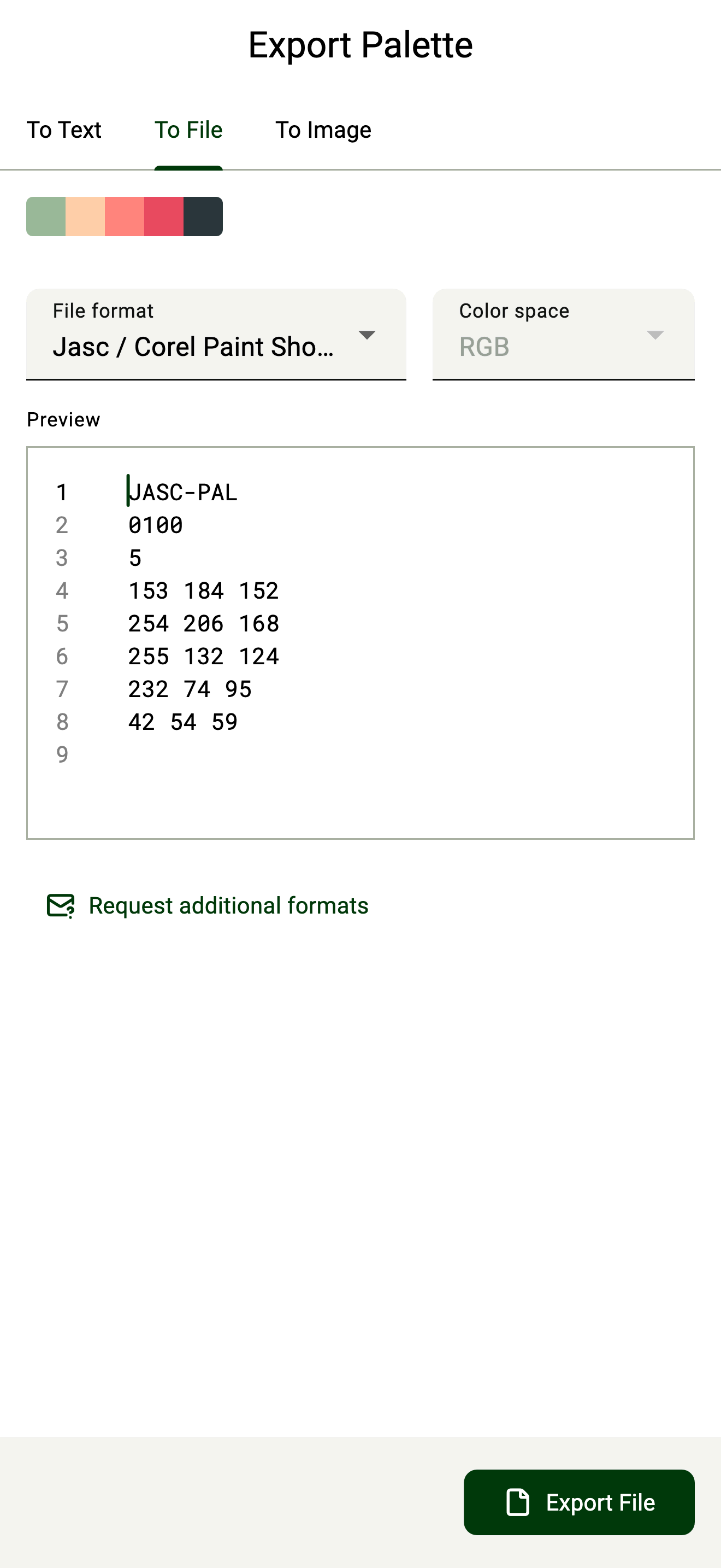 UPC Export Palette screen on desktop, exporting a palette to a file format with configuration options