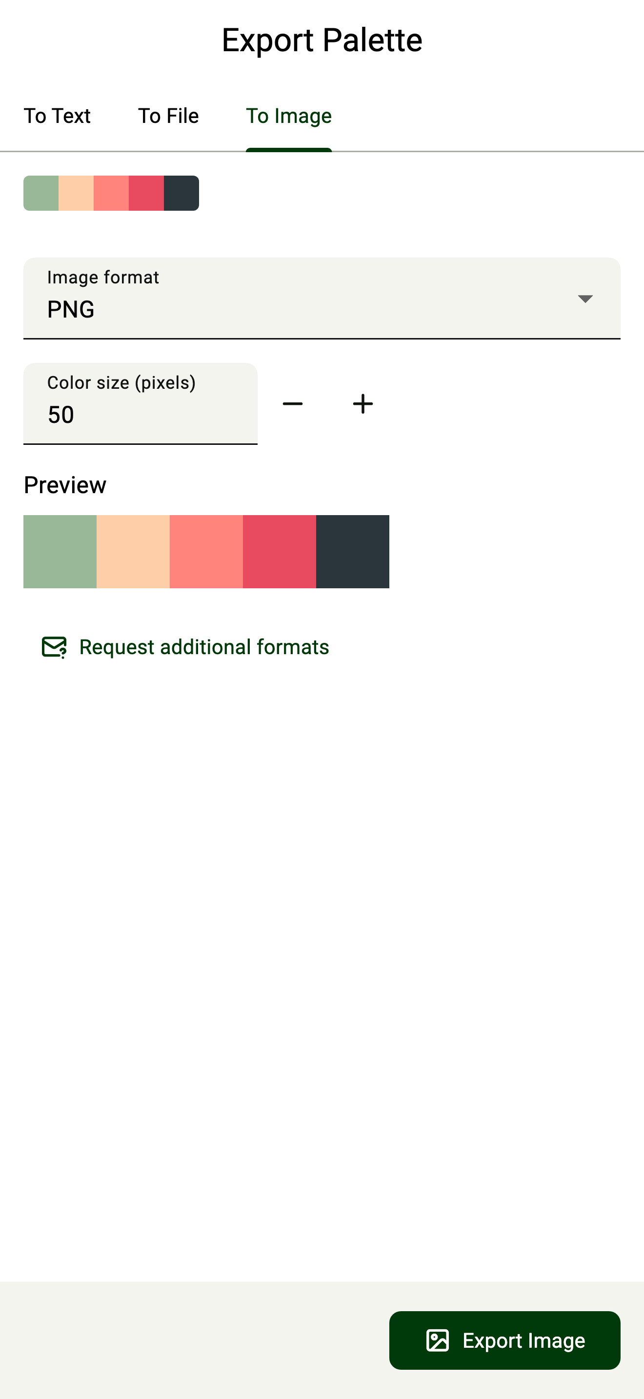 UPC Export Palette screen on desktop, exporting a palette as an image with configuration options
