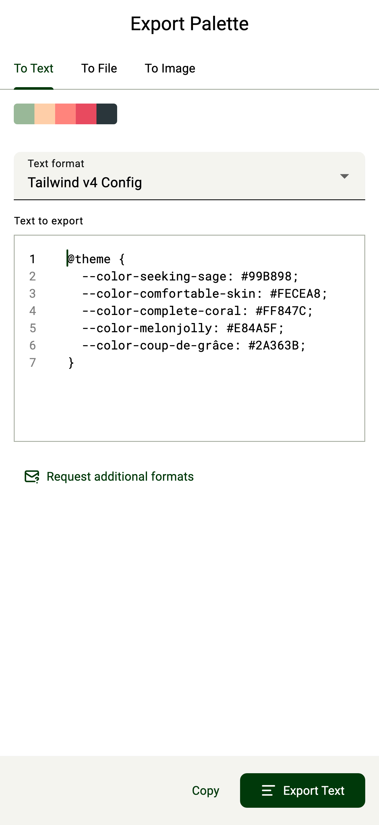 UPC Export Palette screen on desktop, exporting a palette to source code with a preview of the generated text