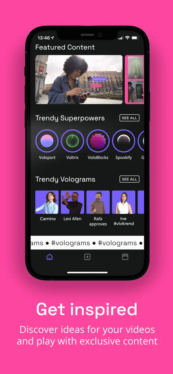 Volu Featured Content screen on iPhone: Trendy Superpowers effects such as Voloport, Voltrix and VoloBlocks, and Trendy Volograms of creators like Camino and Levi Allen