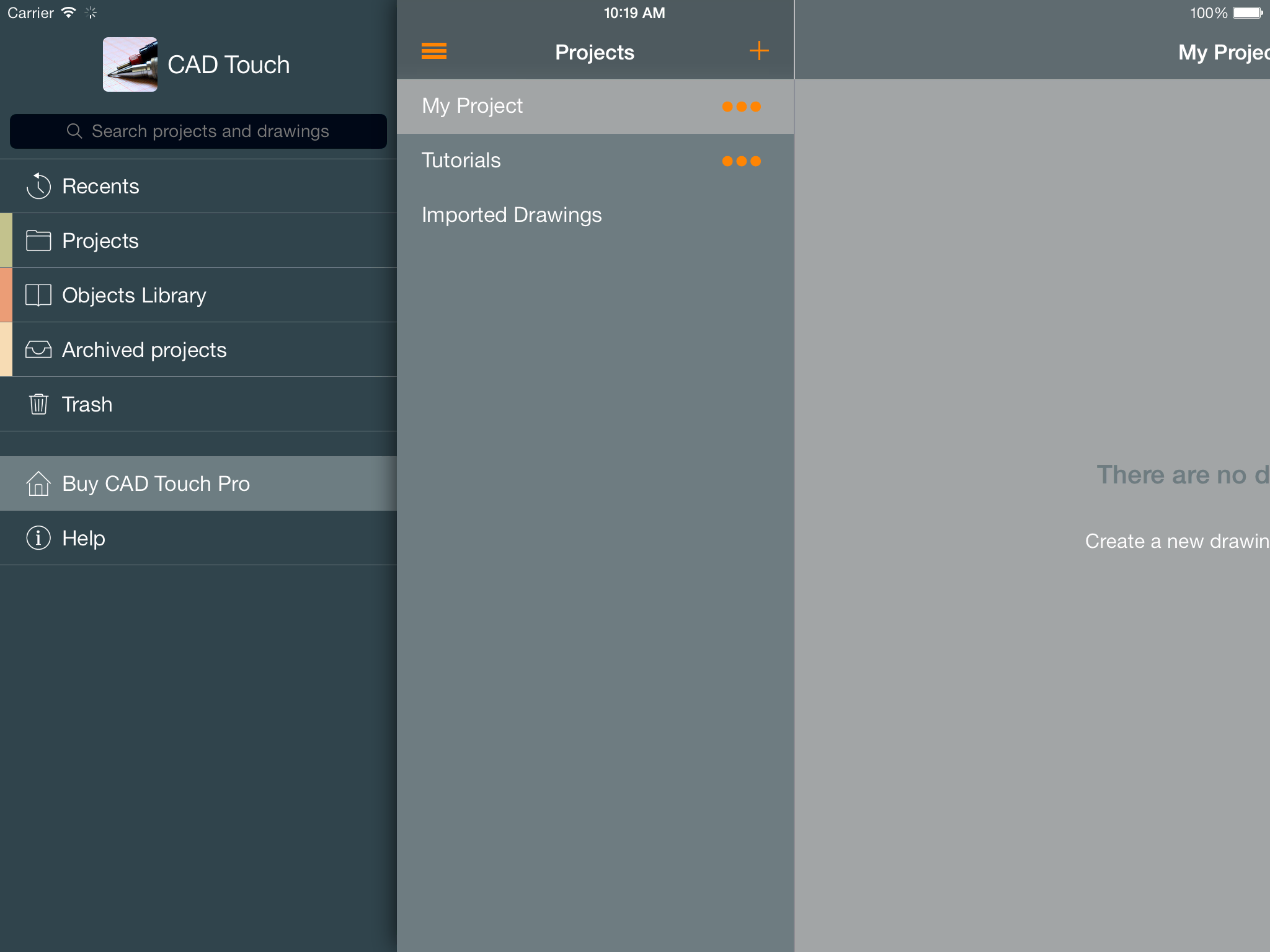 CAD Touch main menu on iPad: a dark sidebar with search, Recents, Projects, Objects Library, Archived projects, Trash and Help, next to the Projects folder list
