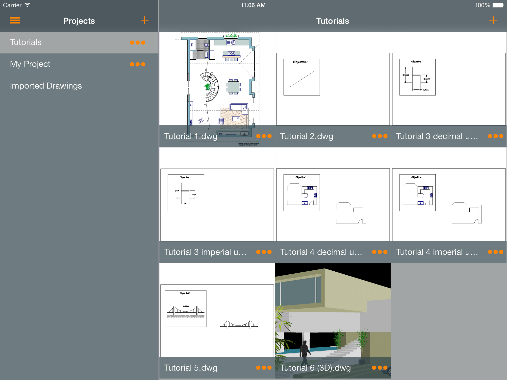 CAD Touch Projects screen on iPad: a sidebar lists the Tutorials, My Project and Imported Drawings folders, next to a grid of drawing thumbnails