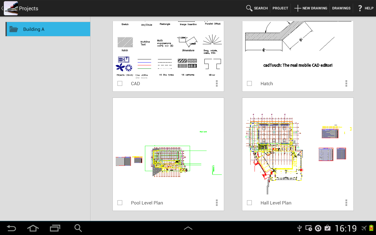 CAD Touch Projects screen on Android: a folder named Building A is open, showing a two-column grid of drawing cards with previews such as Pool Level Plan and Hall Level Plan