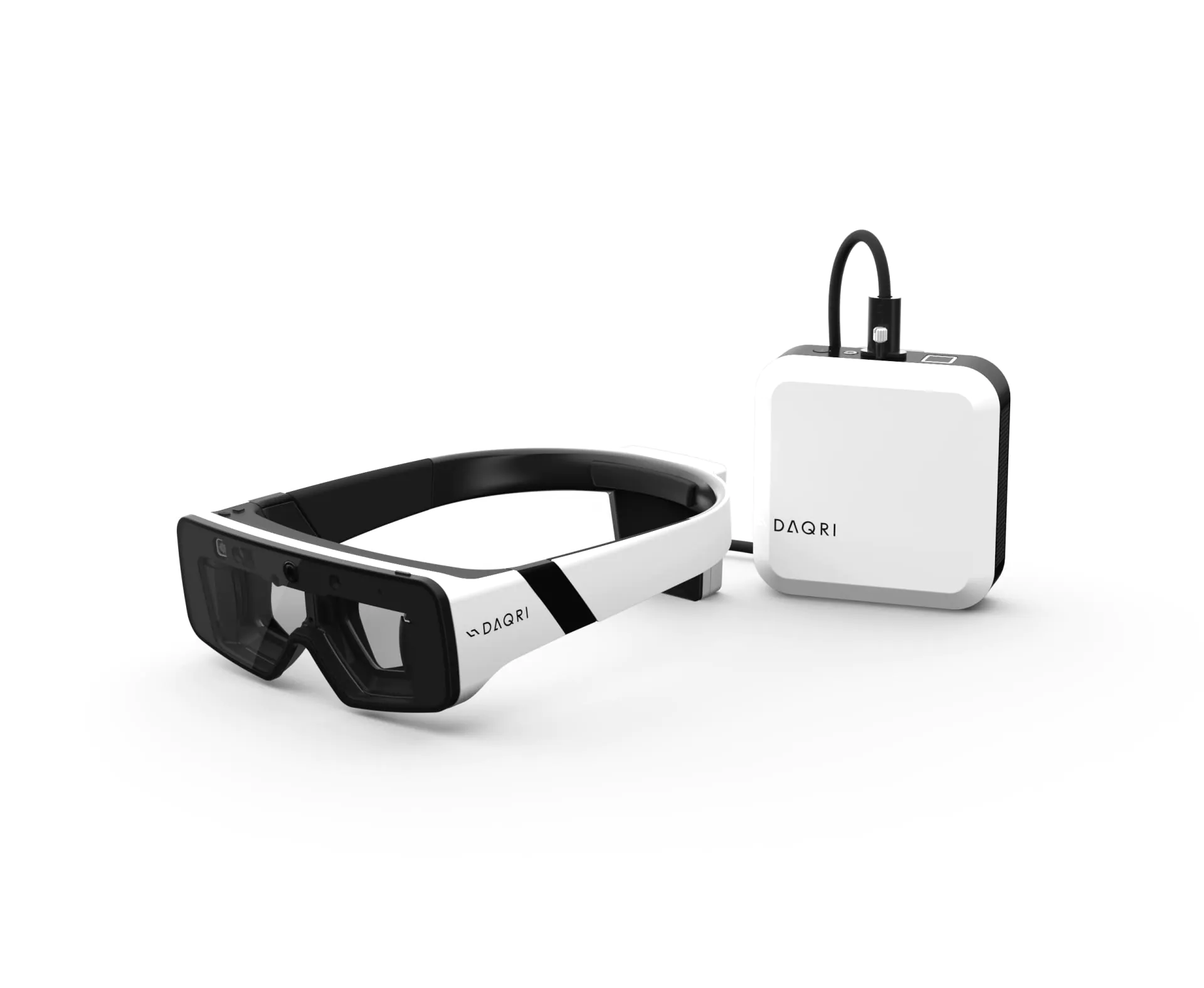 The DAQRI Smart Glasses with their battery pack, worn like safety glasses with a head strap