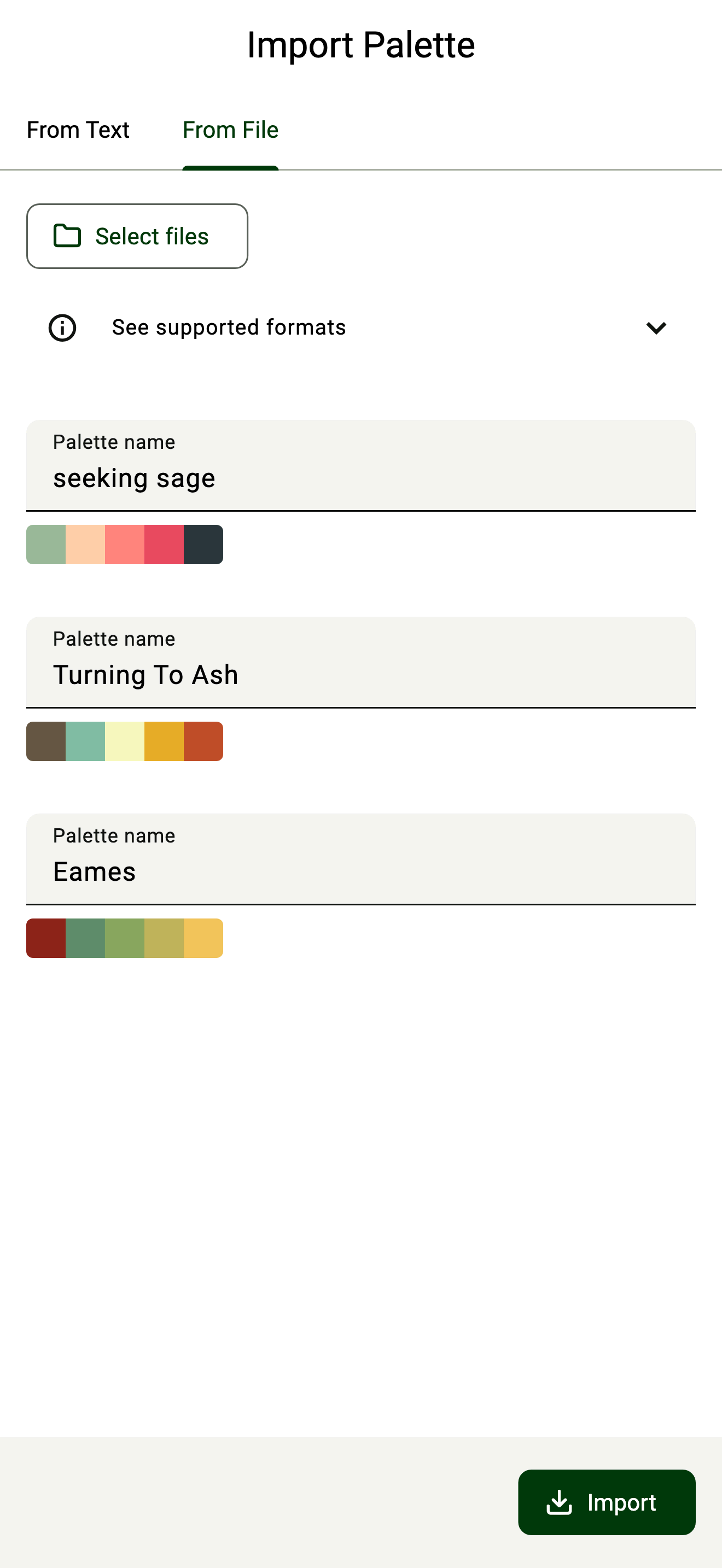 UPC Import Palette screen on desktop, importing a palette from a file with a preview of detected colours