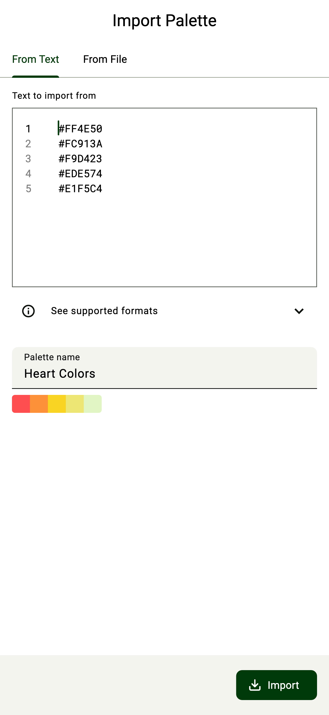 UPC Import Palette screen on desktop, importing palettes from plain text with a preview of detected colours