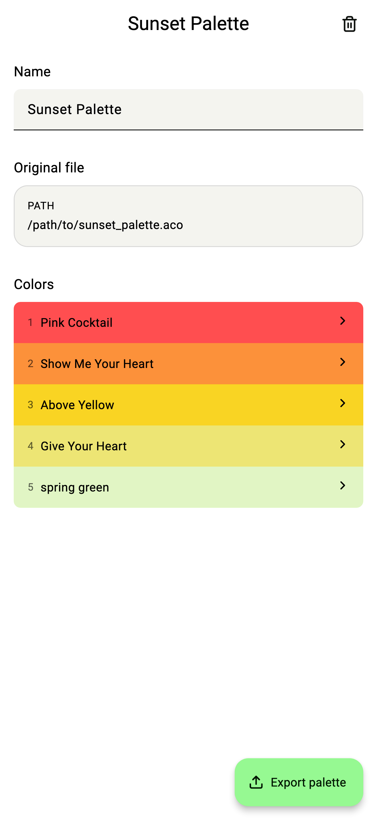 UPC palette detail screen showing a palette of swatches with colour information
