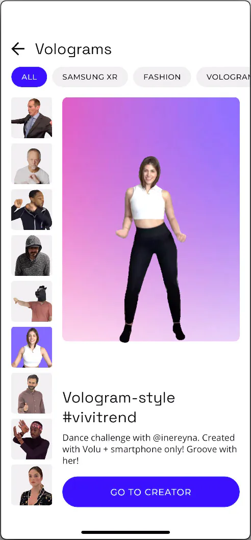 Volu Volograms screen on iPhone: a list of characters on the left and a preview of a dancing woman on a pink-to-blue gradient, with a Go to Creator button underneath