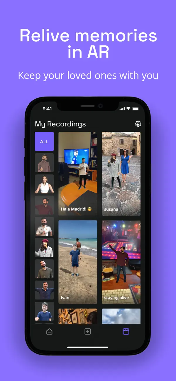 Volu My Recordings screen on iPhone: a grid of saved 3D recording thumbnails with a sidebar of character avatars, including favourites such as Hala Madrid and Susana