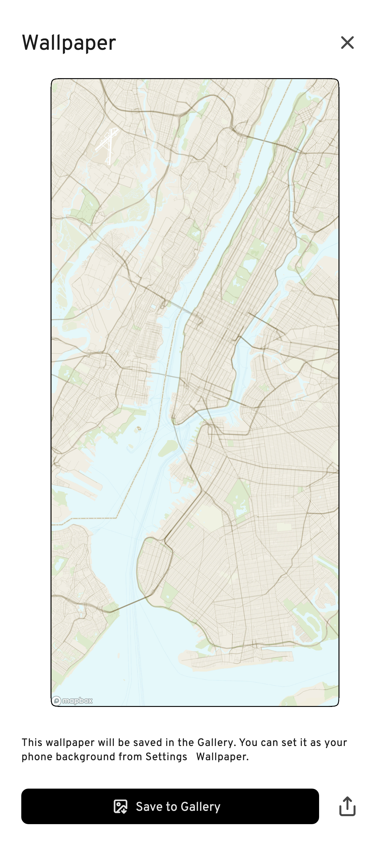 WMap Wallpaper screen on iPhone: a preview of the generated New York map wallpaper above a note explaining it will be saved in the Gallery, with a black Save to Gallery button and a share button