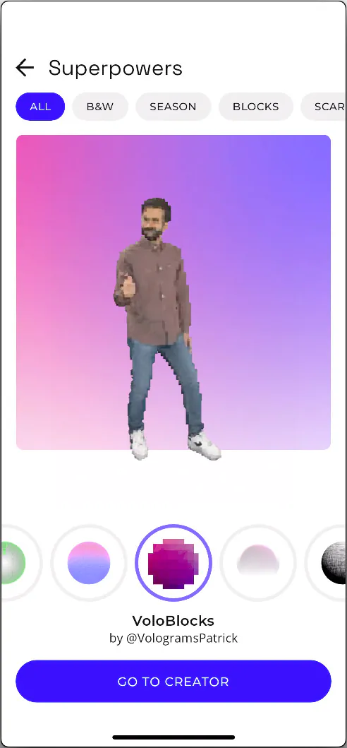 Volu Superpowers screen on iPhone: a man's 3D model shown with the VoloBlocks effect applied over a pink-to-purple gradient, with circular effect selectors below