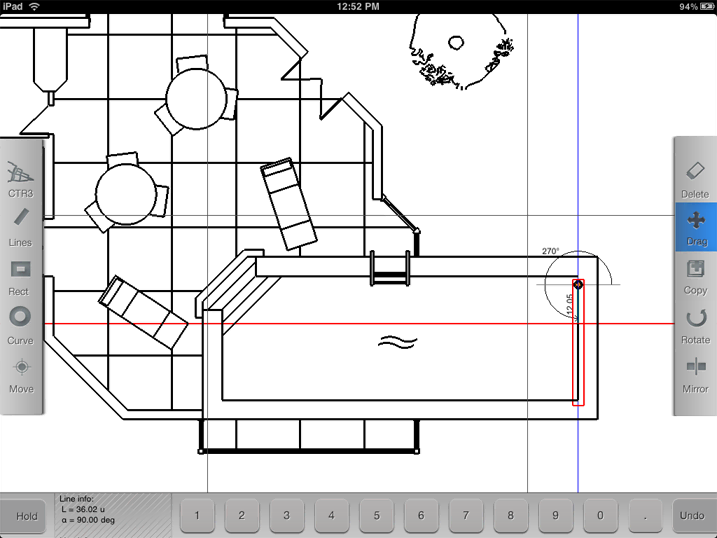 The original CAD Touch v3 drawing view on iPad: a pool and deck plan being edited, with narrow grey toolbars on both sides and a numeric keypad at the bottom