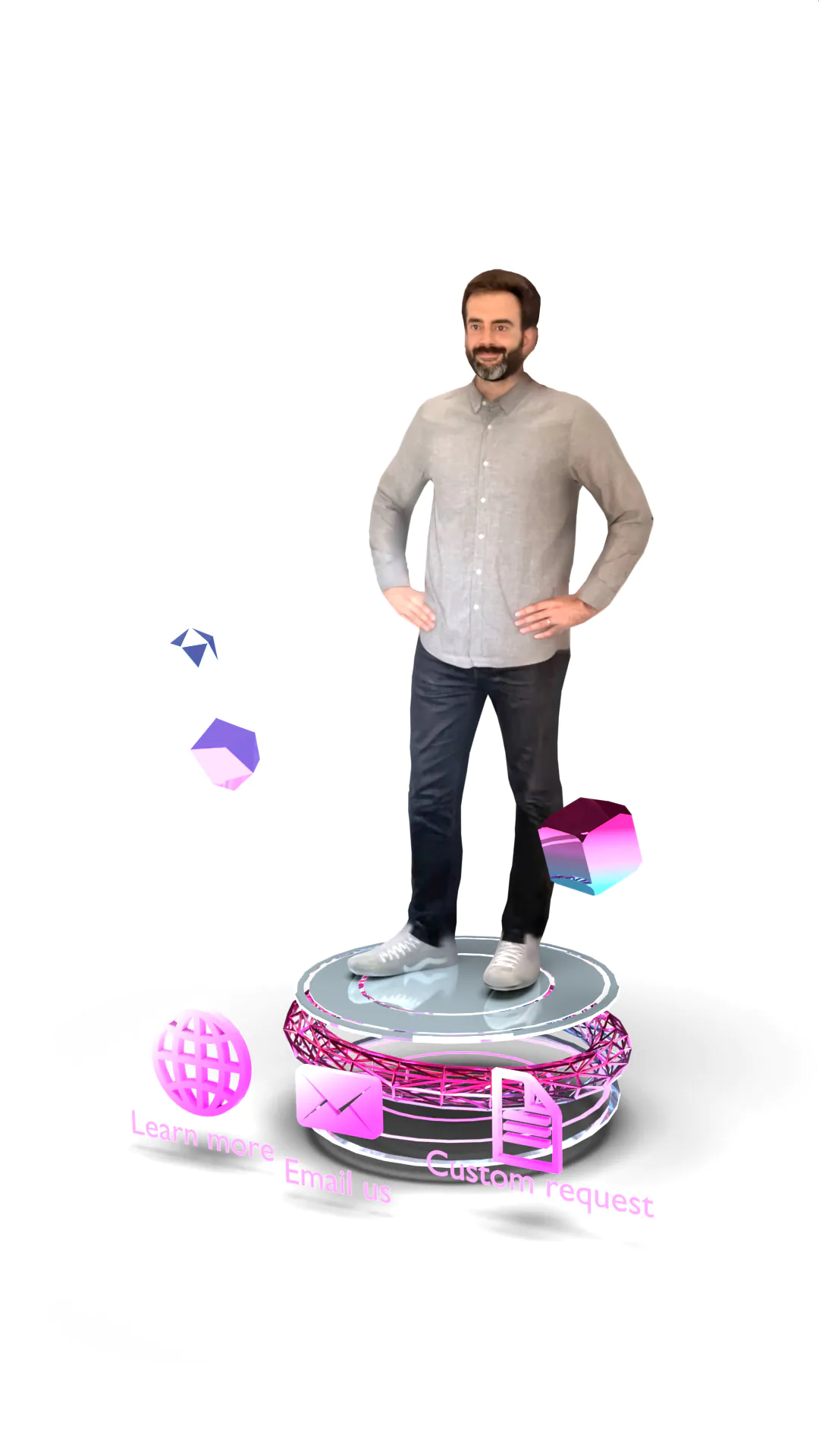 A volumetric video of a man standing on a floating holographic platform, surrounded by 3D shapes and interactive buttons reading Learn more, Email us and Custom request
